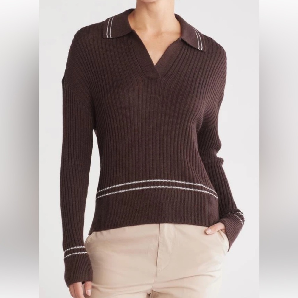Rag & Bone Mabel Marino wool blend Polo sweater in Espresso Brown Size M NEW